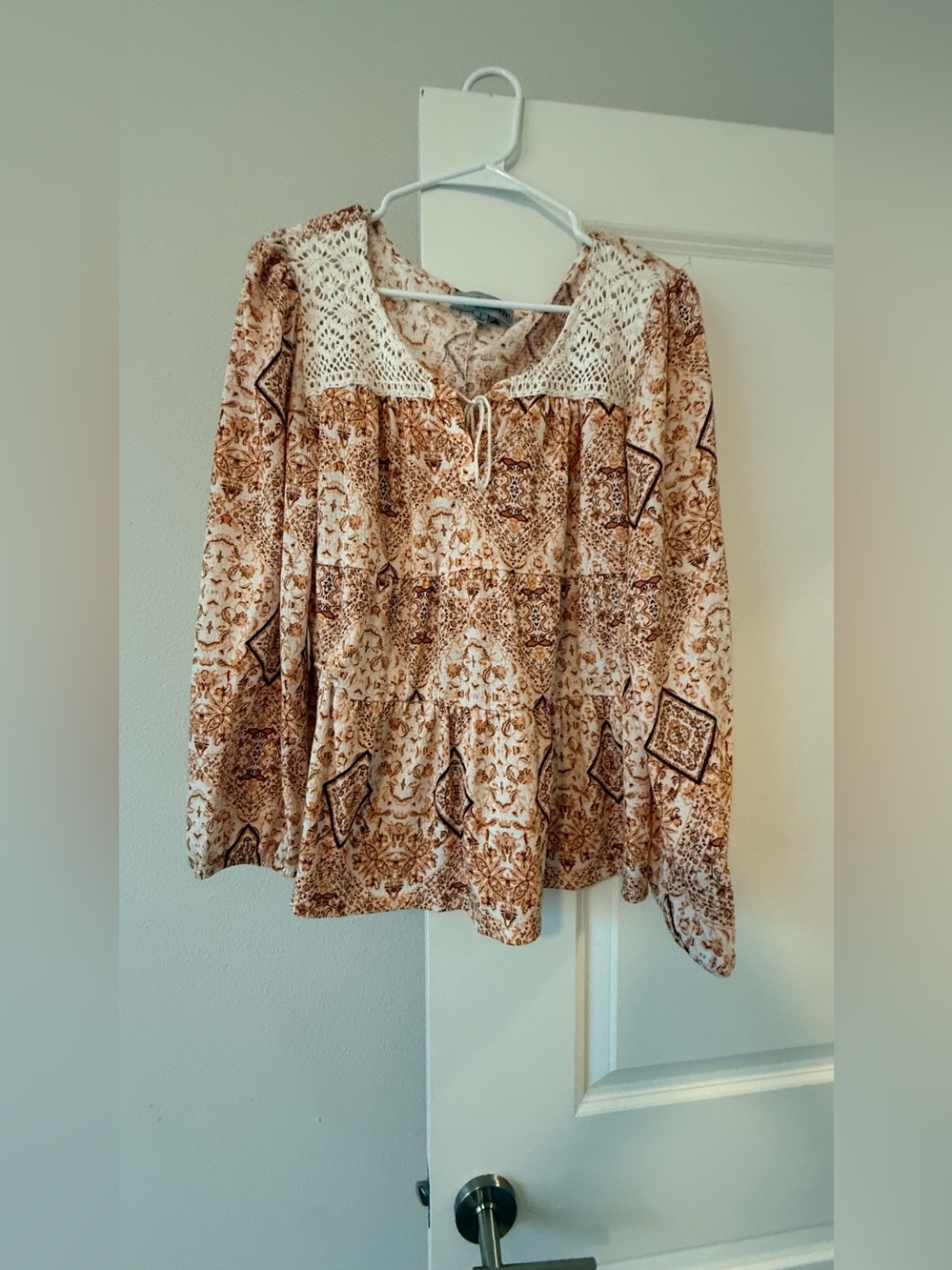 Absolutely Famous Crochet Yoke Peasant Tunic - Cream & Brown